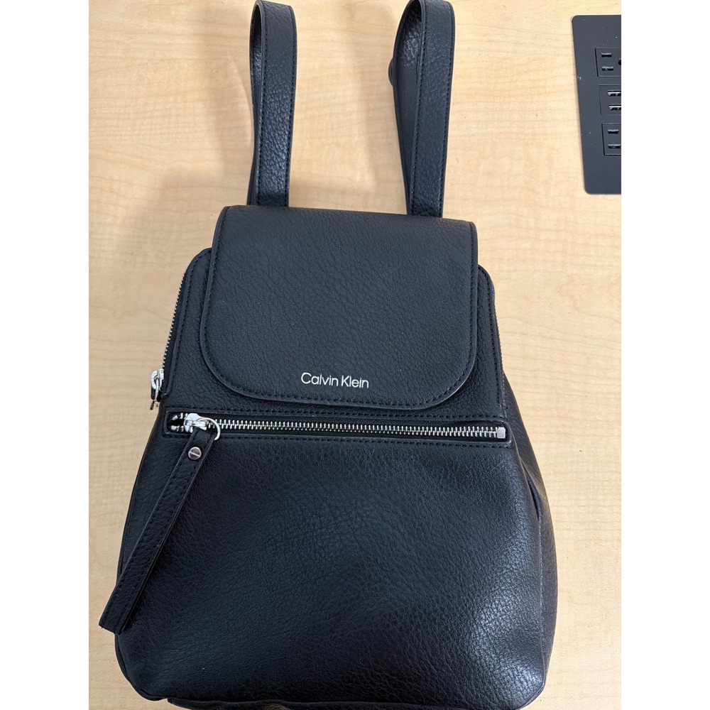 Calvin Klein Black Pebbled Leather Mini Backpack Silver Hardware Purse